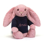Bashful Tulip Pink Bunny with Personalized Navy Jumper